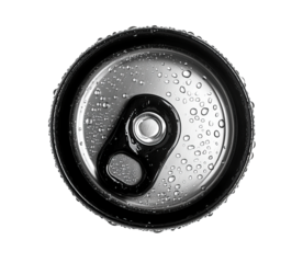  Close-up of the top view of a soft drink can with a black rubber knurled rim, isolated on Png Format and Transparent Background