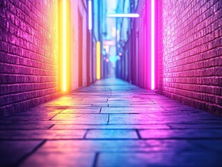 Vibrant Neon Lights Illuminating a Textured Brick Wall Creating a Bold Urban Aesthetic Evoking a Sense of Modernity and Artistic Expression