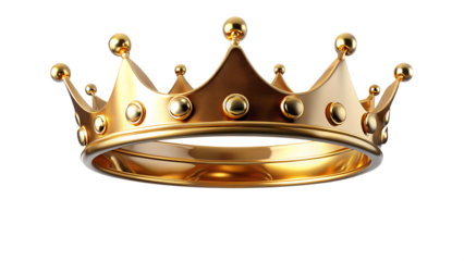 A regal and elegant golden crown hangs in mid-air isolated on white  background PNG