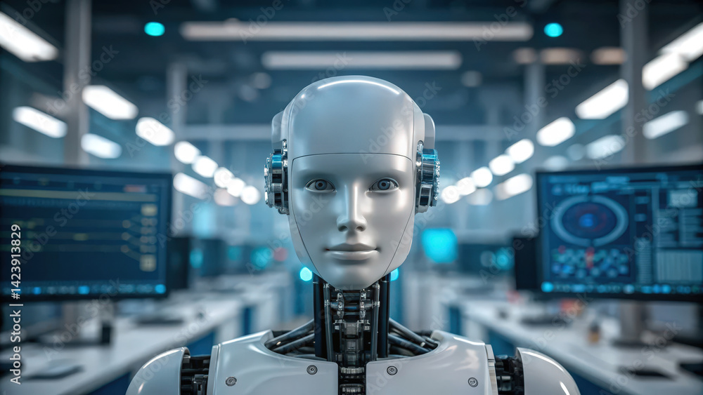 Poster a futuristic robot with a human-like face stands in a tech-filled environment, featuring screens dis