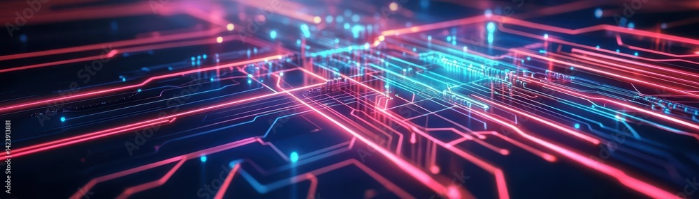 Poster intricate computer circuitry illuminated by vibrant neon lights creating a futuristic and high-tech 