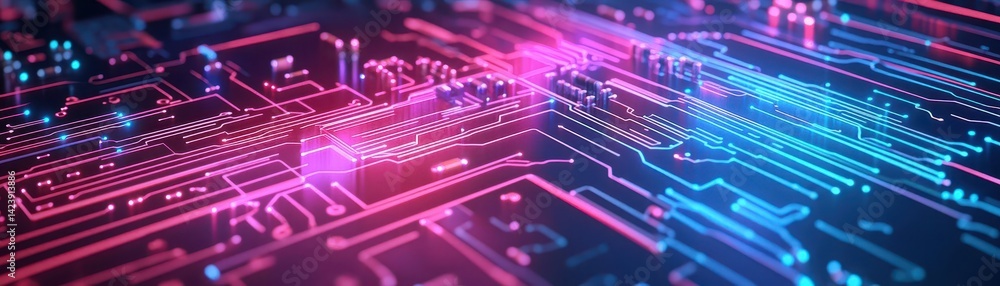 Poster vibrant computer circuit board illuminated by multicolored led lights creating a futuristic and tech