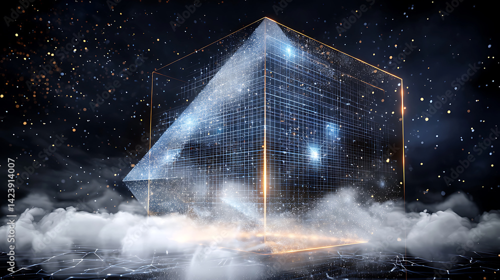 Poster futuristic digital cube displaying cosmic data virtual space 3d visualization sci-fi environment hig