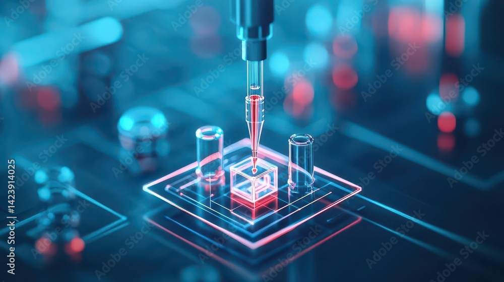 Poster laboratory glassware filled with colorful liquid on a clean workbench surrounded by scientific instr