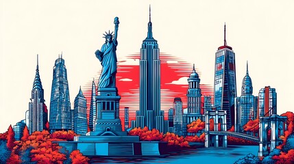 Fototapeta premium New York City skyline illustration featuring iconic landmarks.