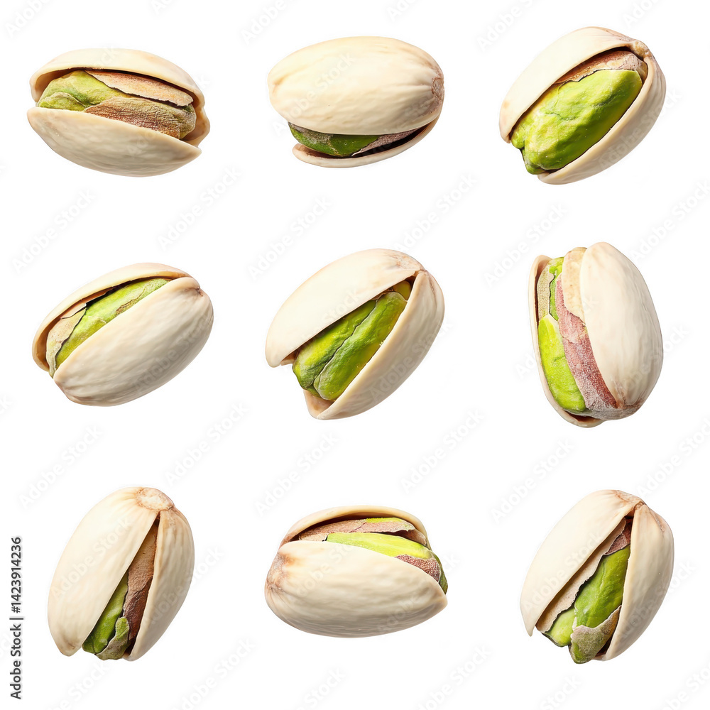 Poster nine pistachios are arranged grid pattern against transparency background, showcasing their green ke