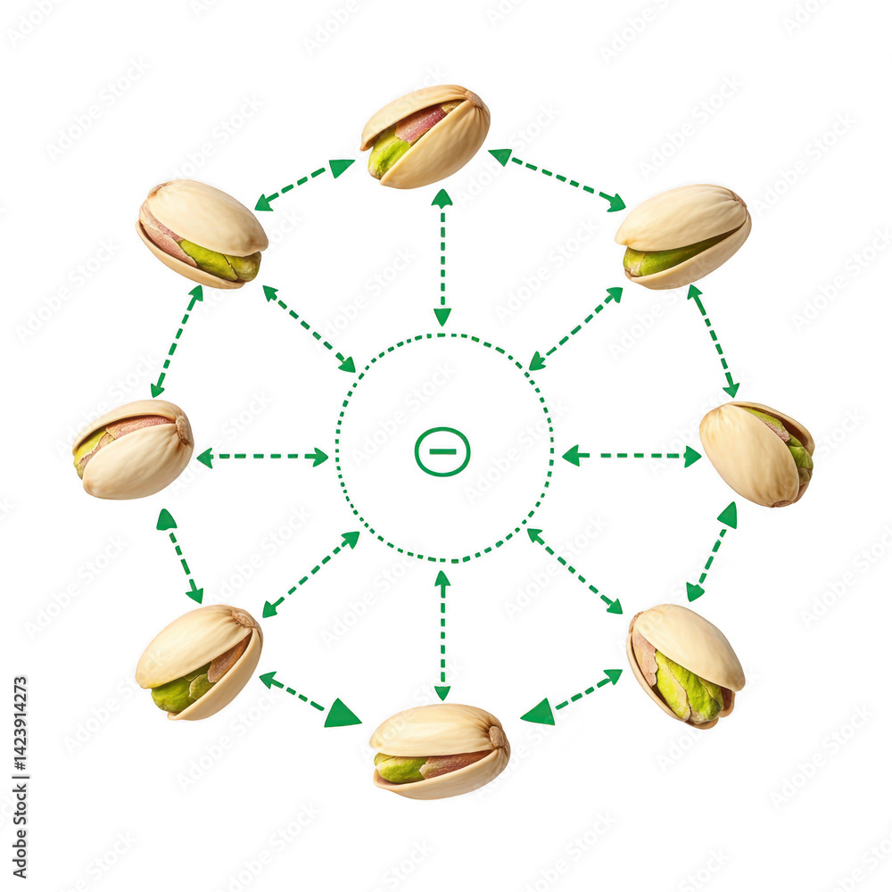 Poster pistachios arranged in circular pattern with arrows connecting them, creating visually appealing and