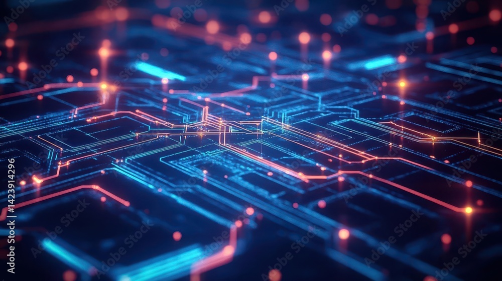 Poster futuristic computer circuit board with radiant blue and red lights illuminating intricate pathways a