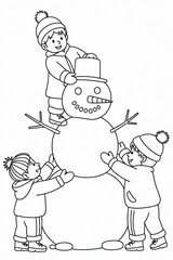 coloring page for kids line art of  children playing in the snow