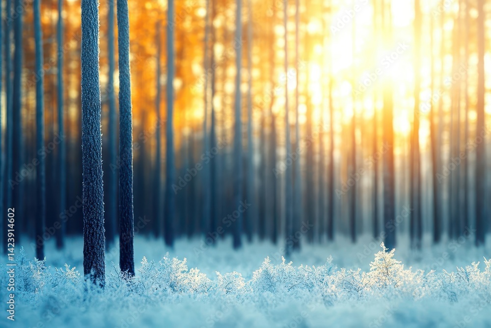 Poster enchanting frosty forest scene with glimmering grass and towering trees evoking a calm and serene at
