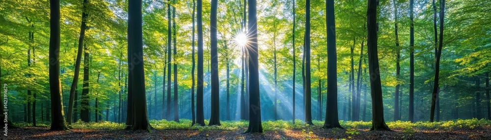 Poster radiant sunlight filtering through lush green canopy of ancient forest creating a warm and inviting 