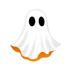 cute ghost illustration with white sheet and black eyes, featuring orange tinted edge, floating against transparent background