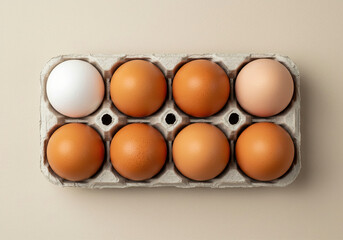fresh chicken eggs, arranged from lightest to darkest, in a cardboard egg case on a light beige ground. Top view.