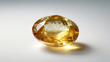 Close up shot of a golden yellow gemstone against a white background
