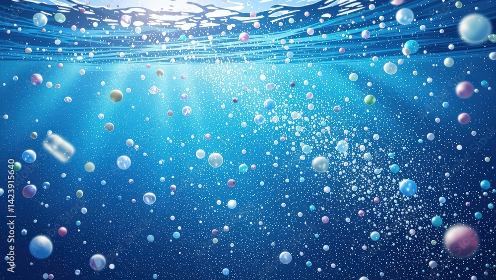Poster floating microplastic particles in ocean water captured in a high-resolution image.