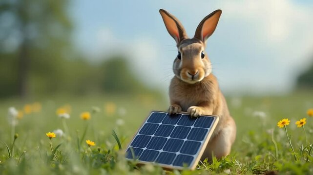 Little rabbit holding solar panel. A hare in a field holds a solar battery in his hands.