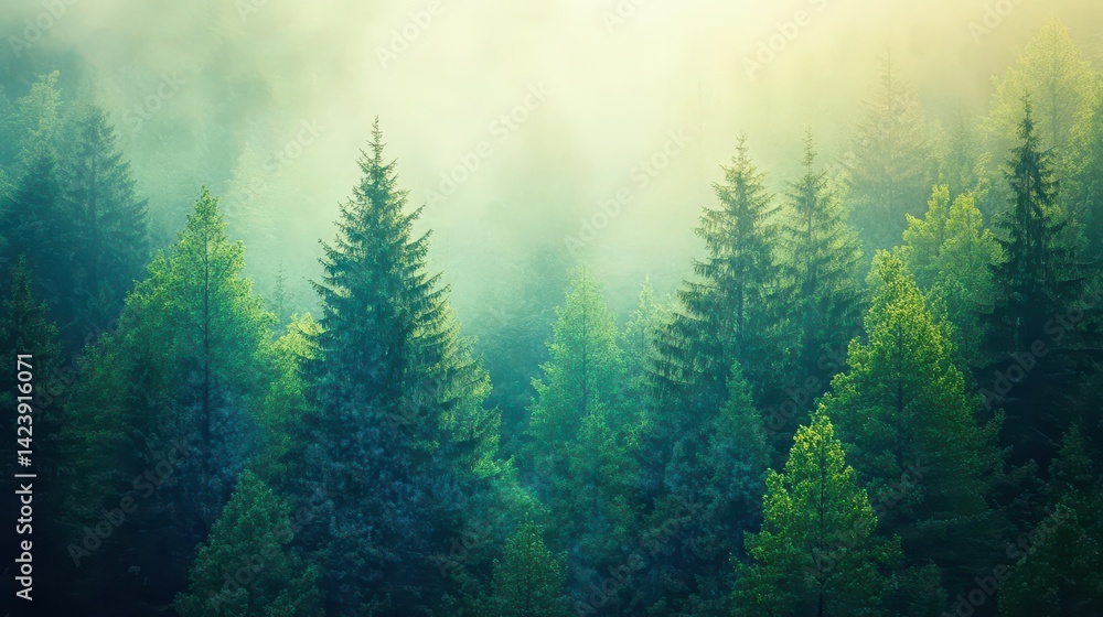 Aufkleber lush green forest featuring tall trees with dense foliage and sunlight filtering through leaves crea