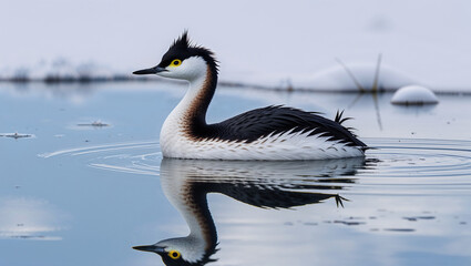 Fototapeta premium Elegant clarks grebe reflecting in calm water with wintery background