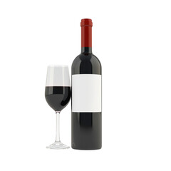 bottle of red wine with blank label stands next to filled wine glass, showcasing elegance and simplicity. scene is perfect for wine tasting or sophisticated dinner setting