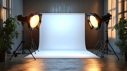 Photography Studio Setup with Lighting and White Backdrop