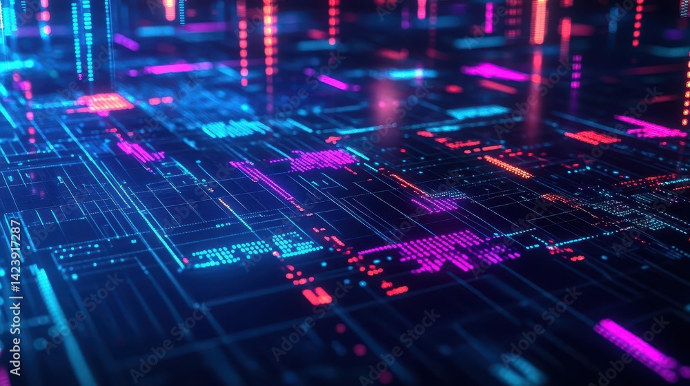 Poster futuristic computer circuit board illuminated by vibrant neon lights creating a dynamic and high-tec