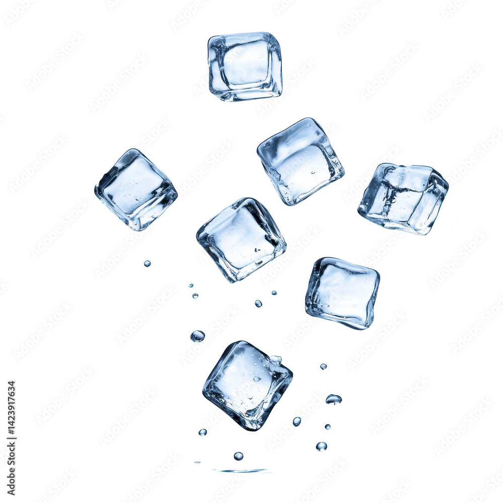 Poster floating ice cubes and water droplets create refreshing and cool visual effect against clear backgro