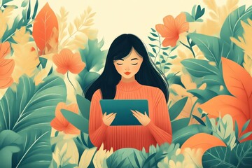 Woman Engaged with Tablet Amidst Lush Tropical Plants and Flowers Ideal for Technology and Nat