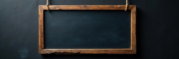 Rustic dark wood framed blackboard hangs on ropes , school, chalkboard, wood frame