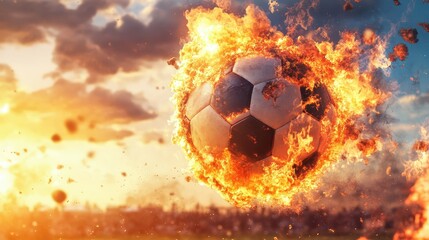 Fototapeta premium Dynamic football in flames, surrounded by heat waves and fire bursts, perfect for extreme action design