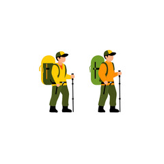 Two hikers with backpacks and trekking poles are walking side by side, one in yellow outfit and other in orange, both wearing caps. illustration conveys sense of adventure and exploration