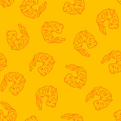 Fried Shrimp Seamless pattern Background. Seamless Tempura Shrimp Doodle Pattern background. Seafood Pattern Design. Crunchy Tempura Doodle Pattern.