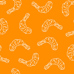 Fried Shrimp Seamless pattern Background. Seamless Tempura Shrimp Doodle Pattern background. Seafood Pattern Design. Crunchy Tempura Doodle Pattern.