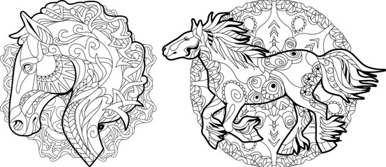 Zentangle horses on mandala. Hand drawn decorative vector illustration for coloring.