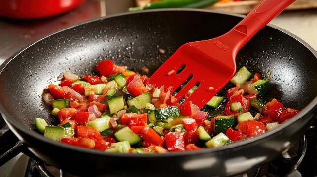 A home cook stirring vegetables in a frying pan with a silicone spatula while preparing dinner