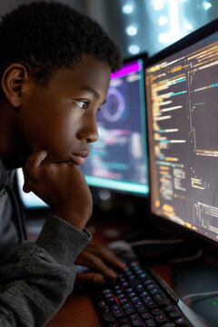 African American Teen Focused Learning to Code on Laptop