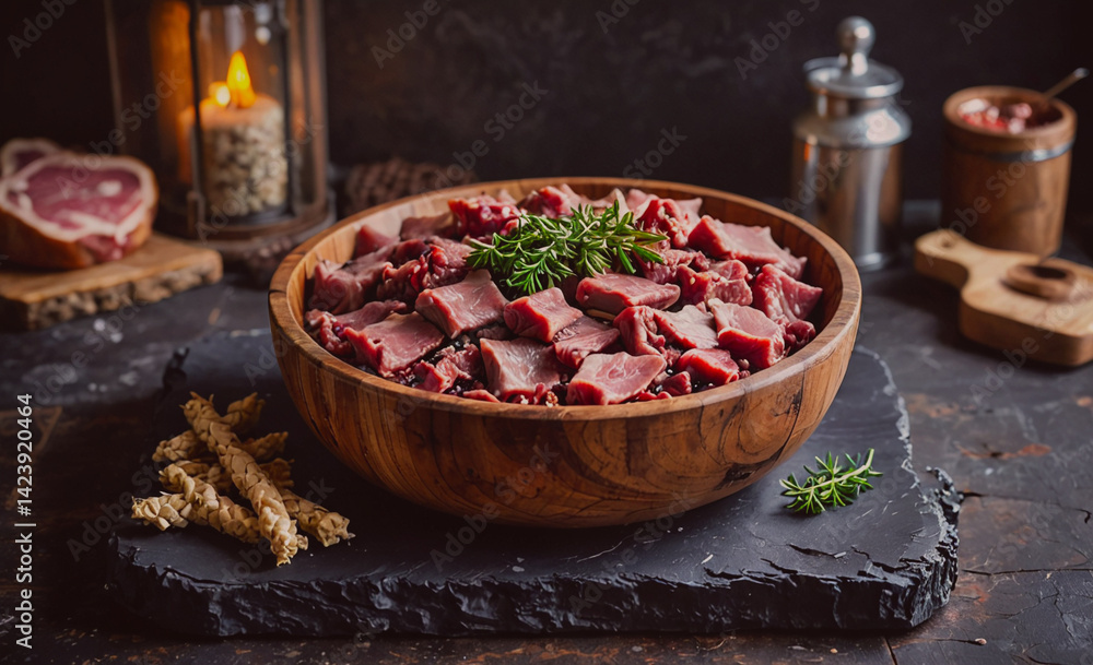 Poster bowl of meat with herbs and spices on a table. the bowl is full of meat and herbs, and there are som