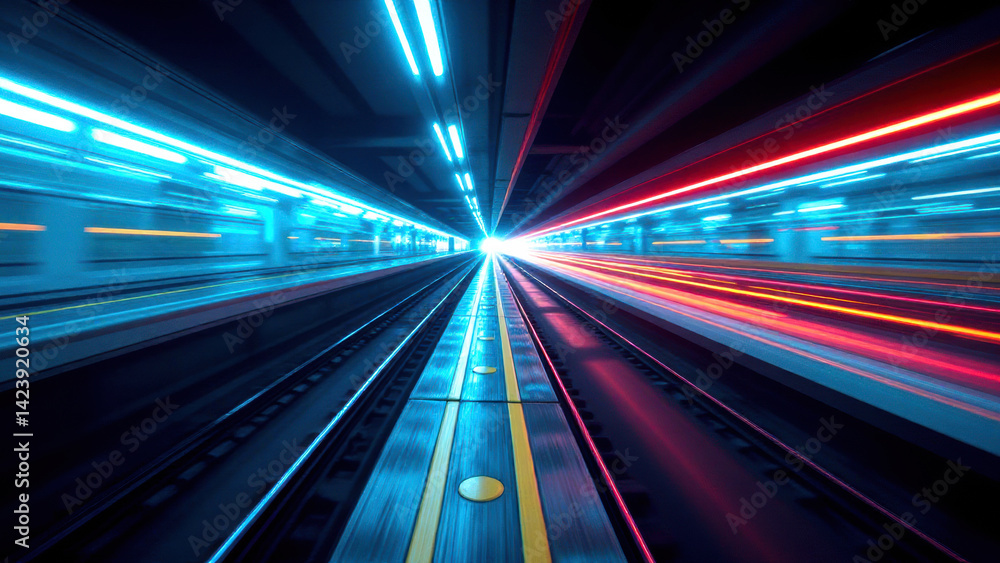 Poster dynamic train tracks illuminated by vibrant blue and red lights create sense of speed and motion in 