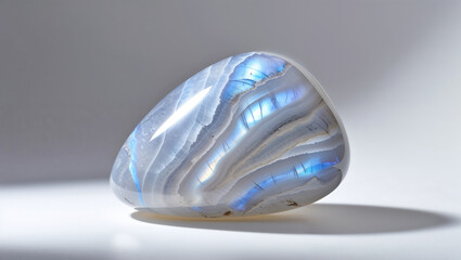 Polished moonstone gemstone reflecting iridescent blue sheen on a white surface