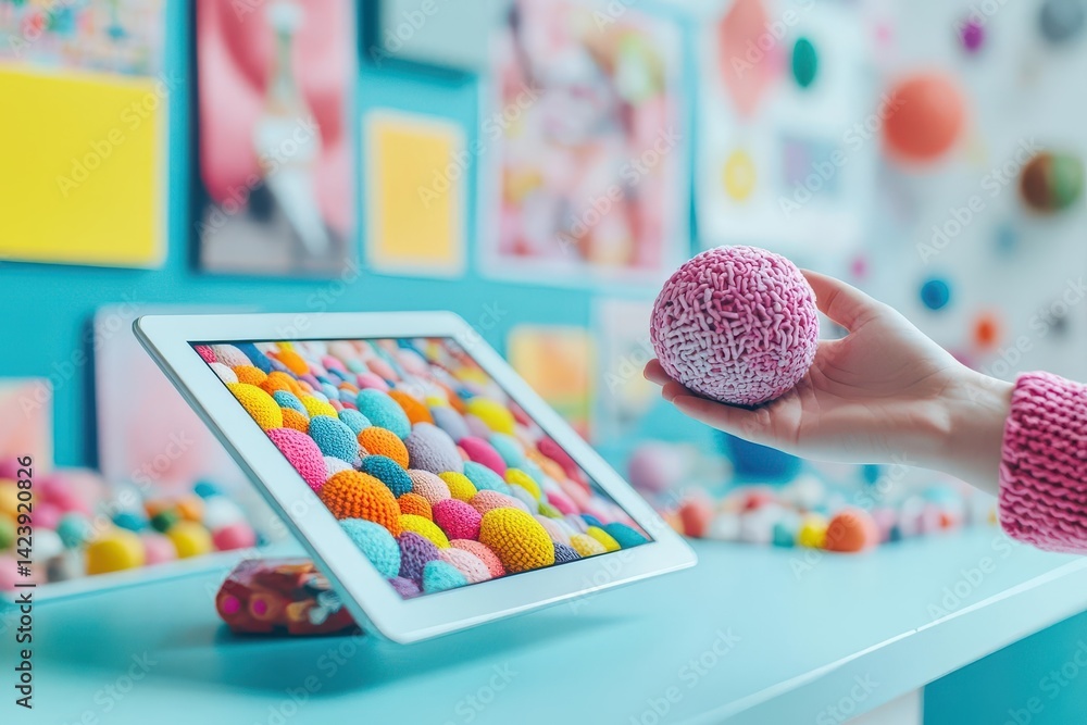 Poster person interacting with a tablet displaying brightly colored balls in a modern setting showcasing te