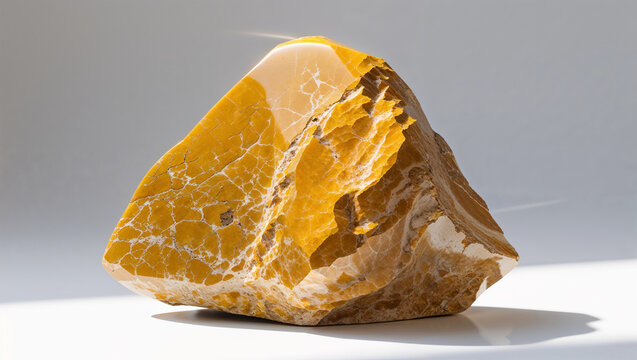 Polished yellow jasper stone specimen on white surface with natural lighting