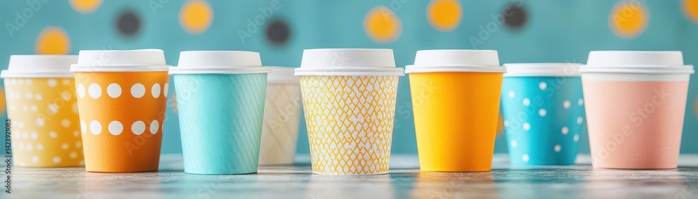 Poster vibrant display of colorful paper cups arranged neatly in a row on a bright surface evoking a playfu