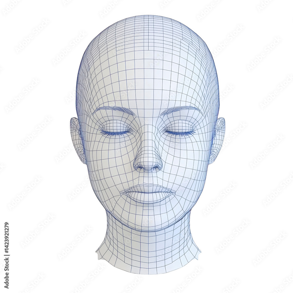 Poster 3d wireframe model of human head with closed eyes, showcasing detailed grid lines and neutral expres