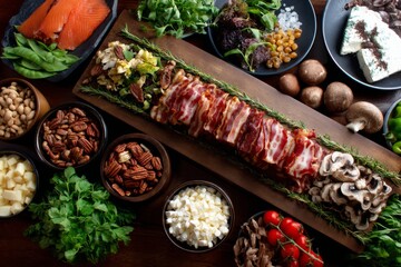 Fototapeta premium Delicious Bacon, Mushrooms, and Nuts Recipe: A Culinary Delight with Fresh Herbs and Cheese