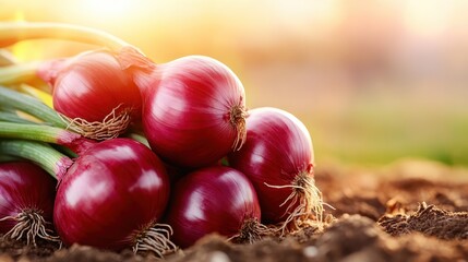 Freshly harvested red onions showcase their rich color and organic roots against a natural backdrop, highlighting the beauty of produce and the joy of homegrown vegetables.