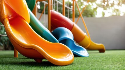 A vibrant display of playground slides in multiple colors, emphasizing the playful and inviting environment designed for children to explore and enjoy outdoor activities.