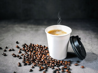 Coffee espresso wite smoke in paper Coffee cup and bean , Fragrant Espresso in  Takeaway paper coffee cup