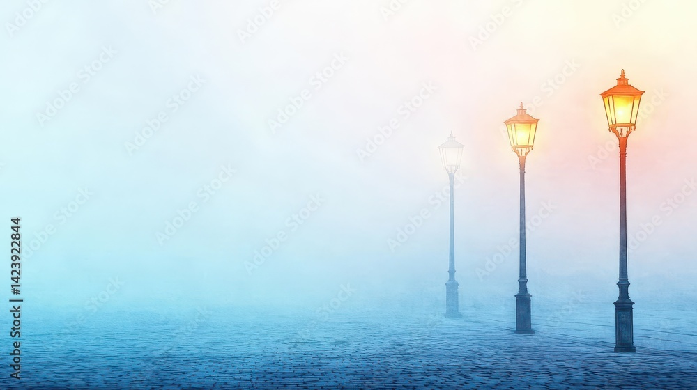 Poster mysterious street light illuminating foggy urban scene creating an enigmatic atmosphere with soft gl