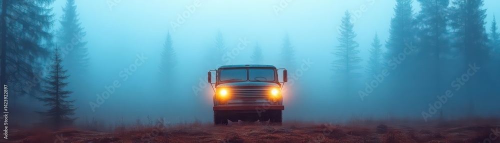 Poster mysterious truck navigating through dense fog in enchanted forest creating a dramatic and atmospheri