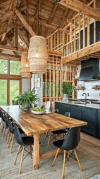 Rustic dining room with wooden beams, large table, and open kitchen with loft