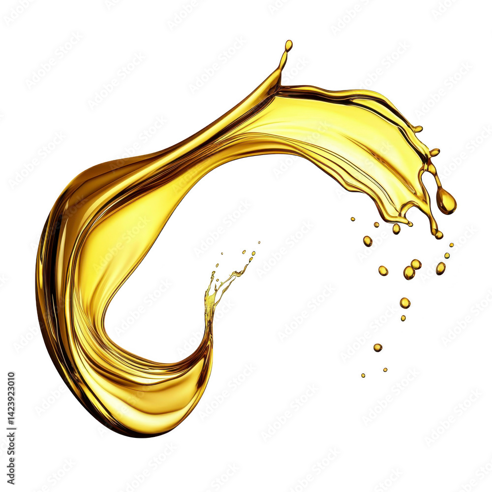 Poster dynamic splash of golden liquid forms elegant arc against transparency background, capturing motion 